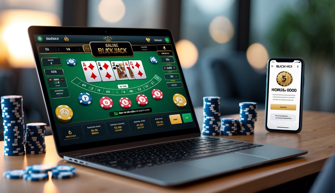 Seorang pemain sedang bermain blackjack online di depan komputer dengan chip poker dan ponsel di meja.