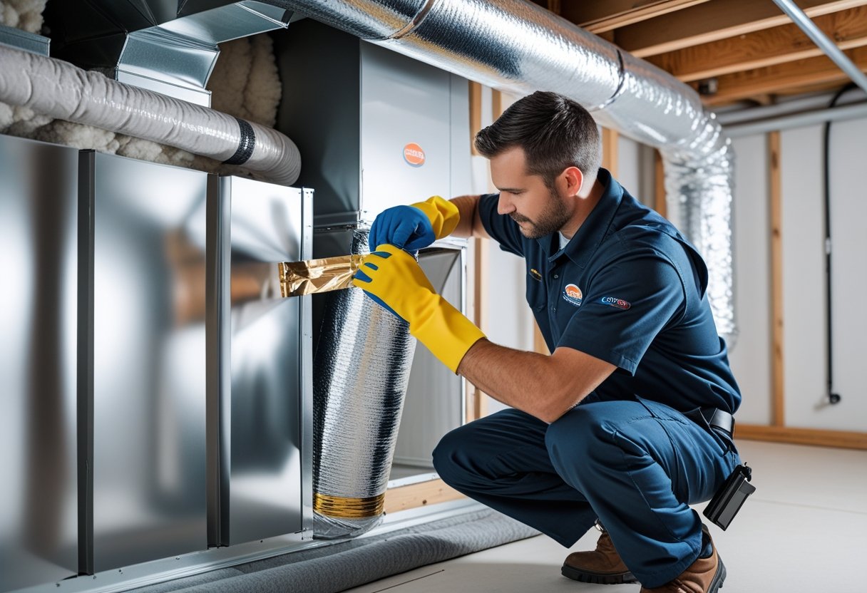A technician in a uniform sealing metal ductwork in a residential basement.