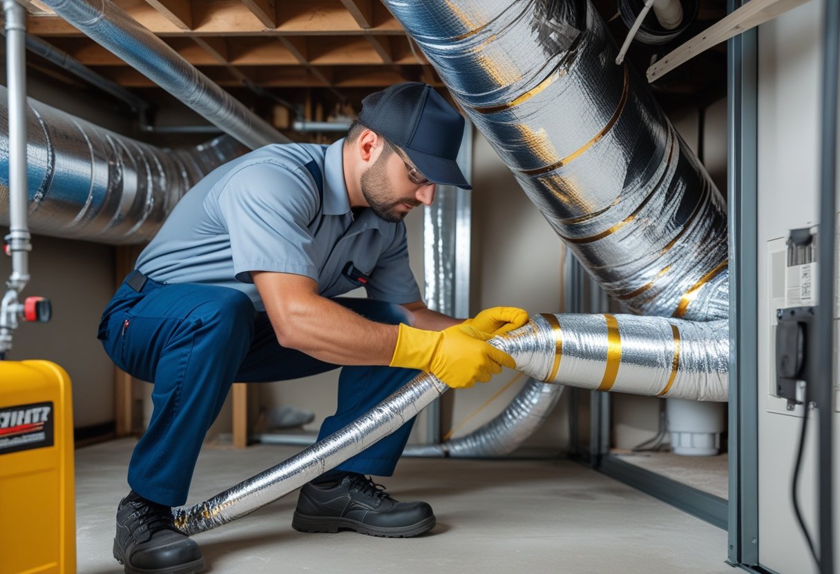 A technician sealing metal ductwork in a utility room using tools and protective gloves.