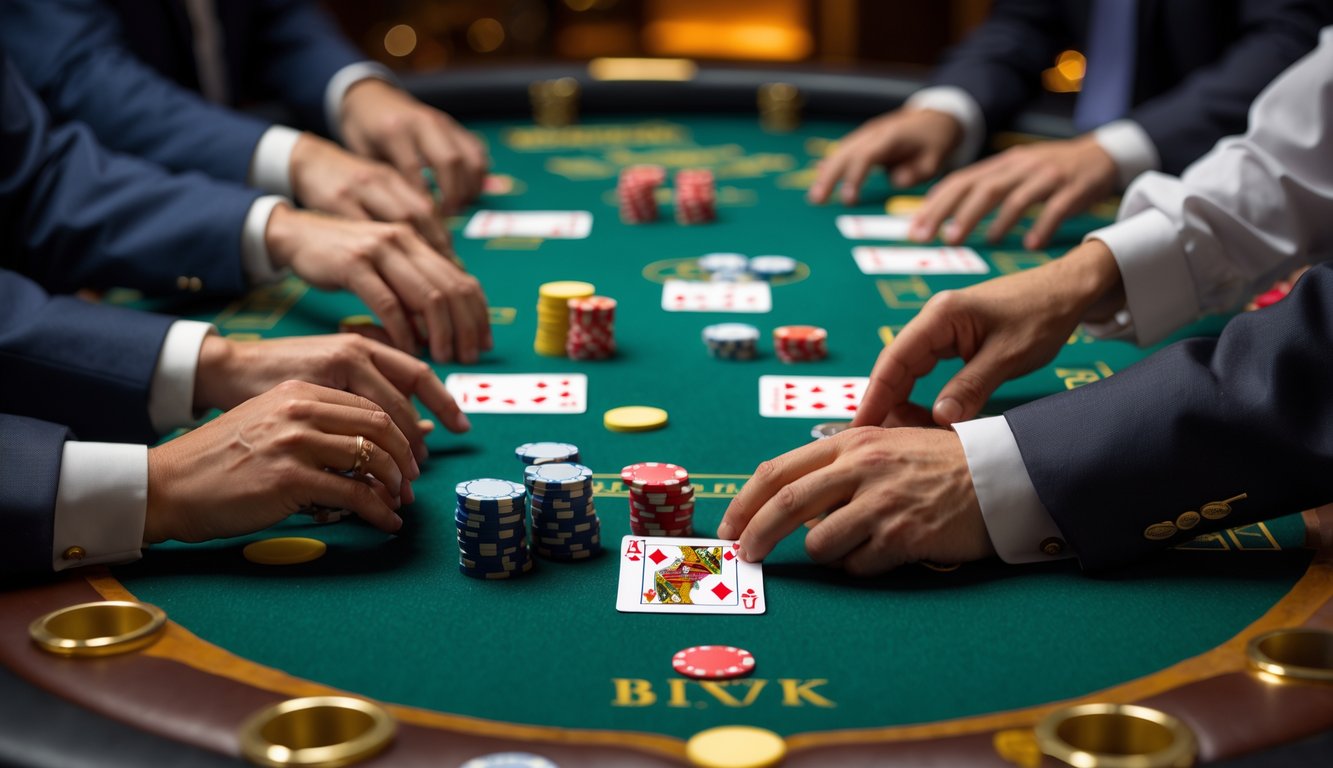 Meja blackjack dengan kartu dan chip poker, beberapa tangan pemain dan dealer terlihat sedang bermain.