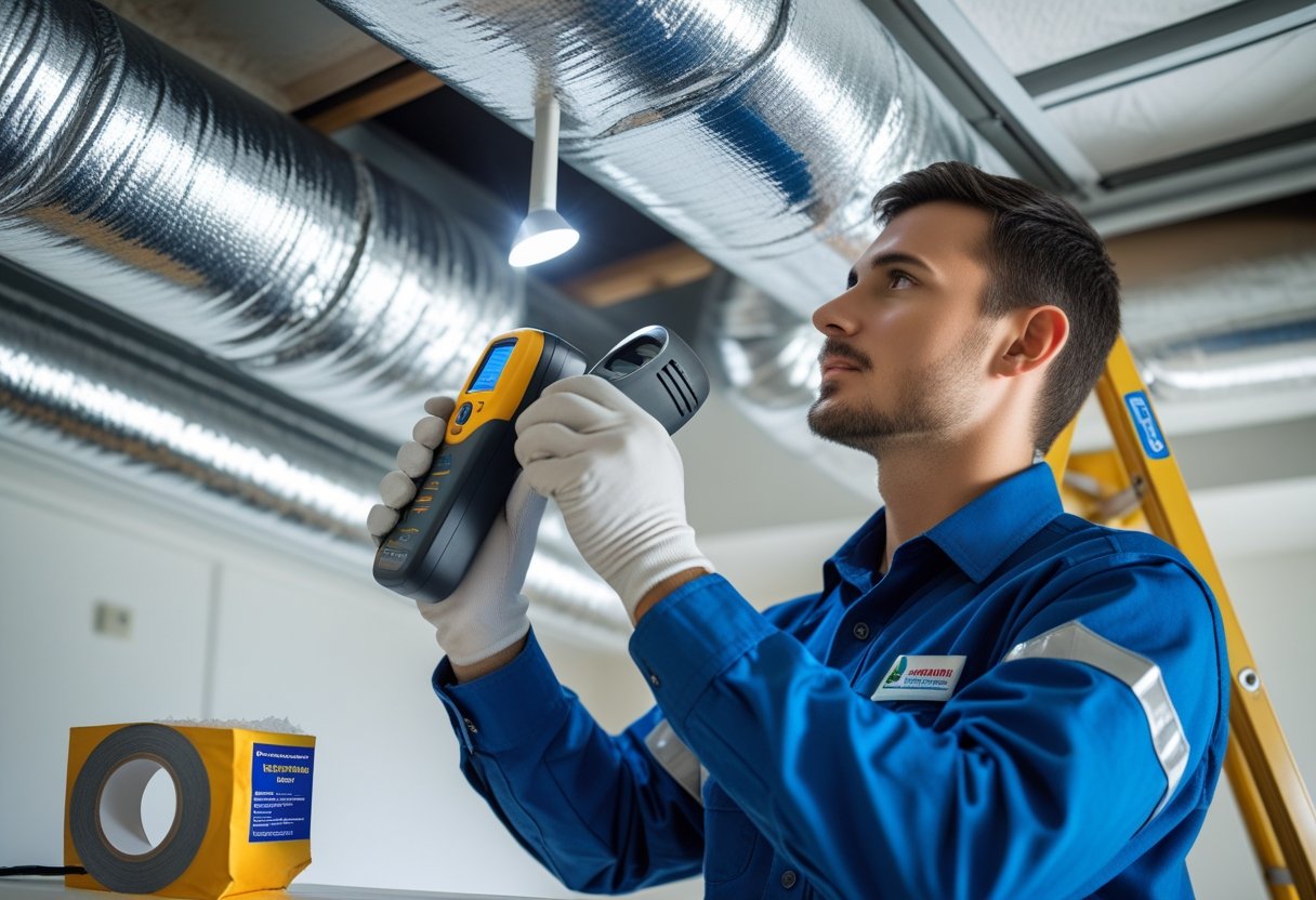 A technician inspecting metal ductwork with a leak detector and flashlight indoors.