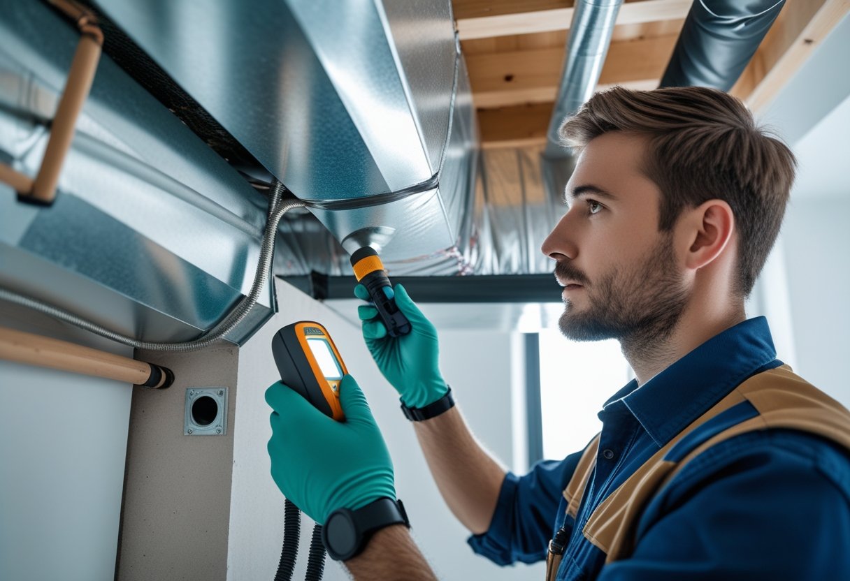 HVAC technician inspecting air conditioning ductwork with tools inside a building.