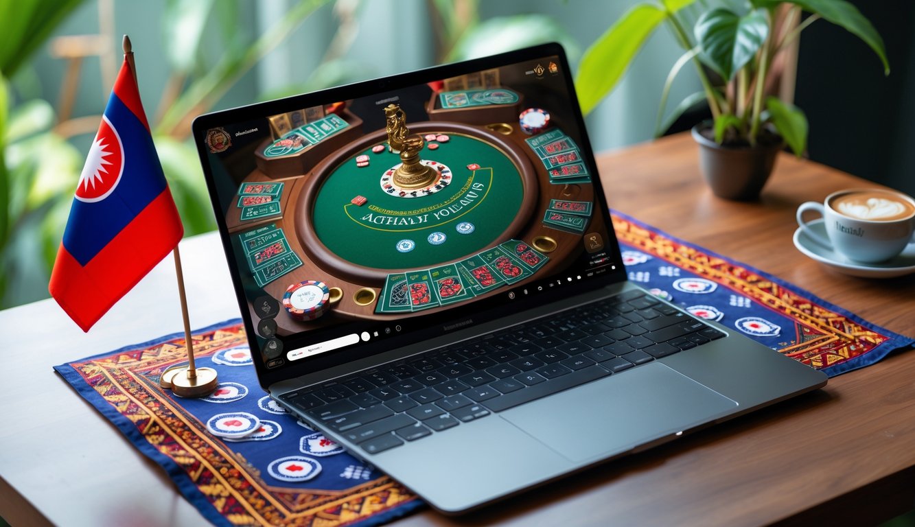 Seorang pemain sedang bermain blackjack online di laptop dengan latar belakang elemen budaya Indonesia seperti bendera dan motif batik.