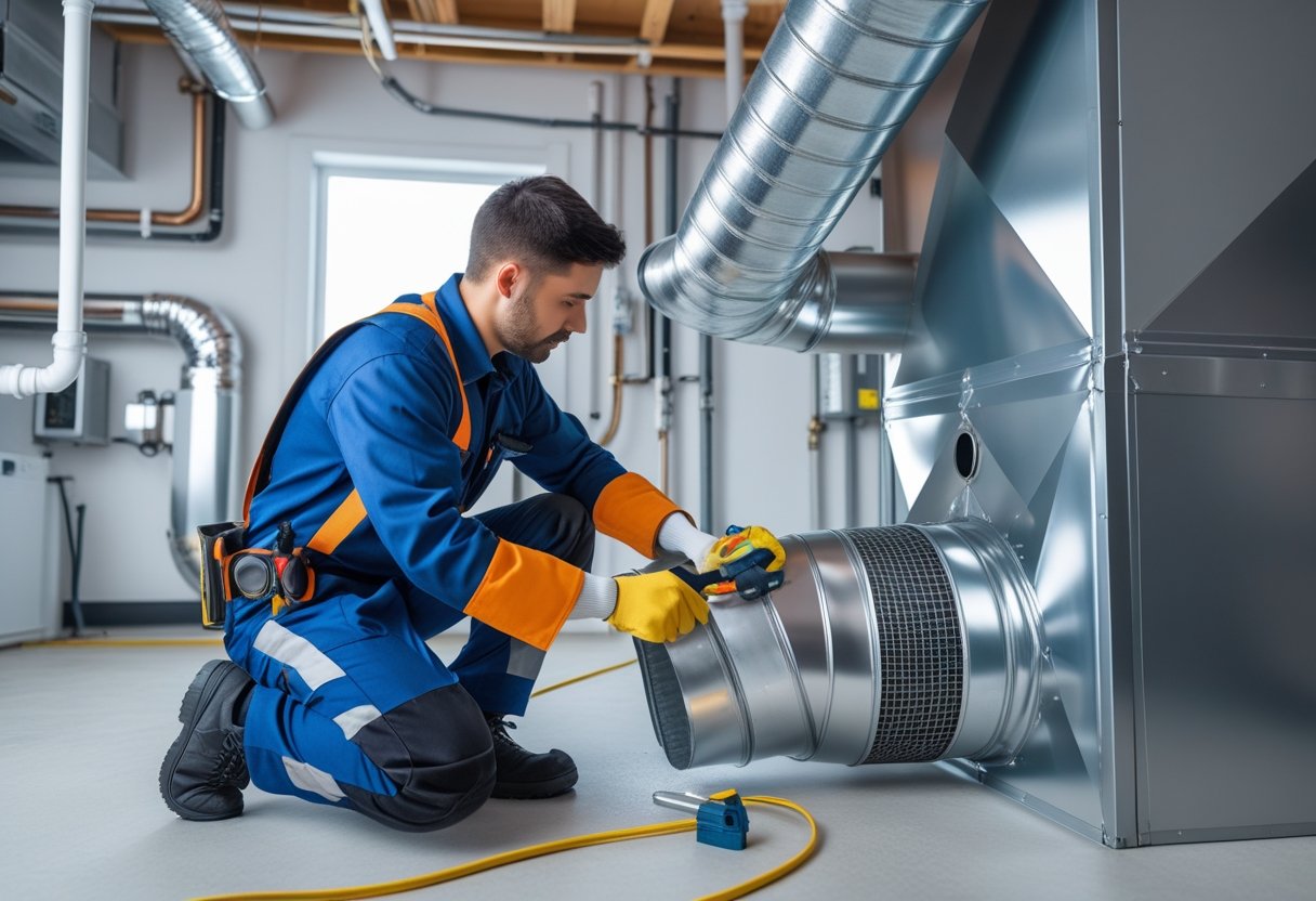 Technician repairing a metal air duct leak using tools in a mechanical room.