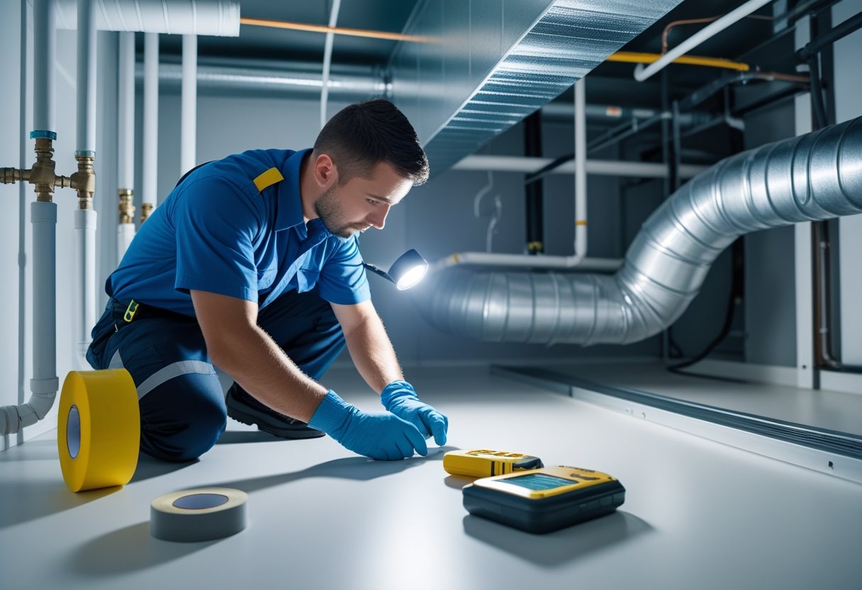 An HVAC technician inspecting metal air ducts in a utility room with tools nearby.