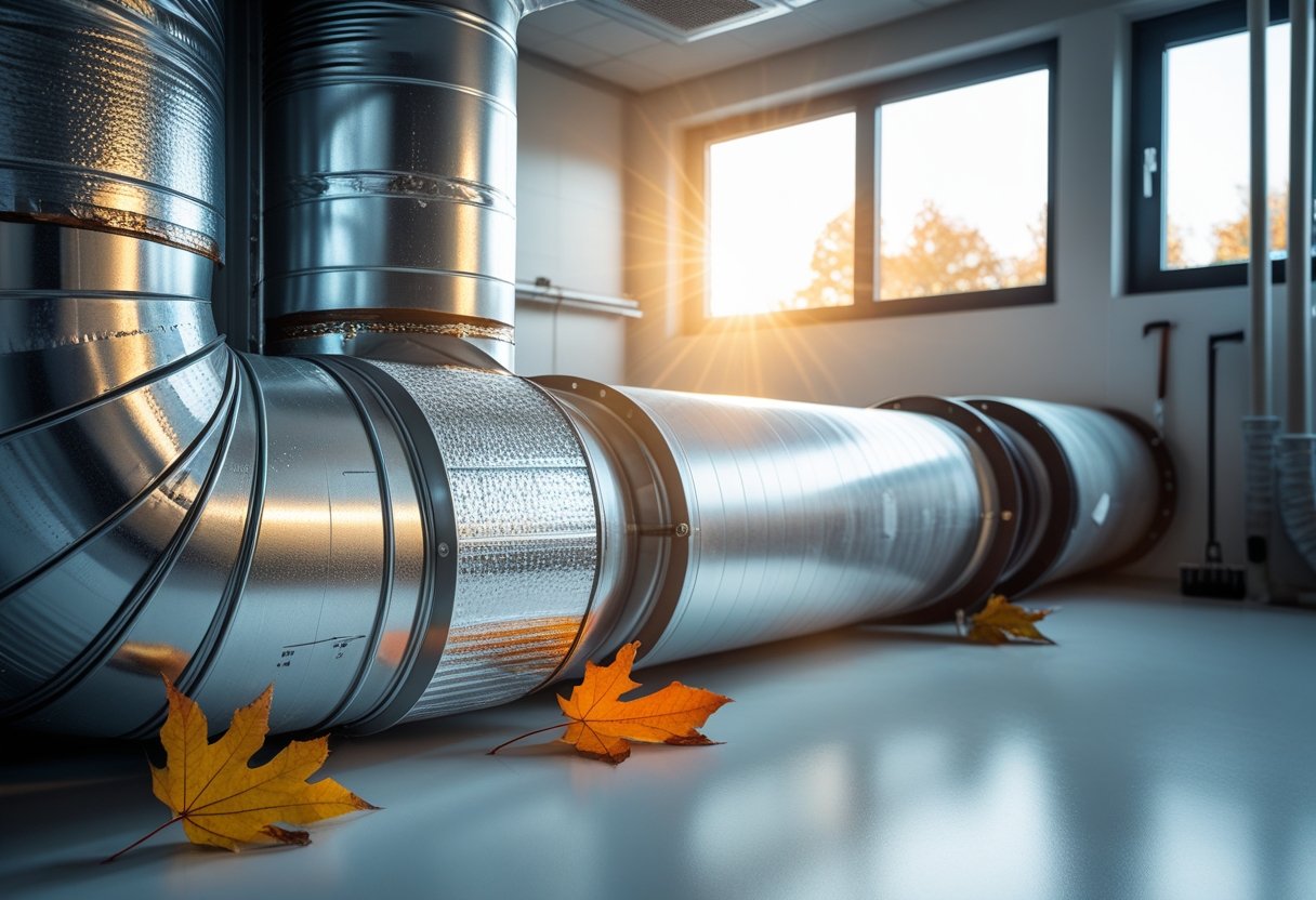 Close-up of indoor metal ductwork with signs of seasonal wear and condensation in a clean mechanical room.