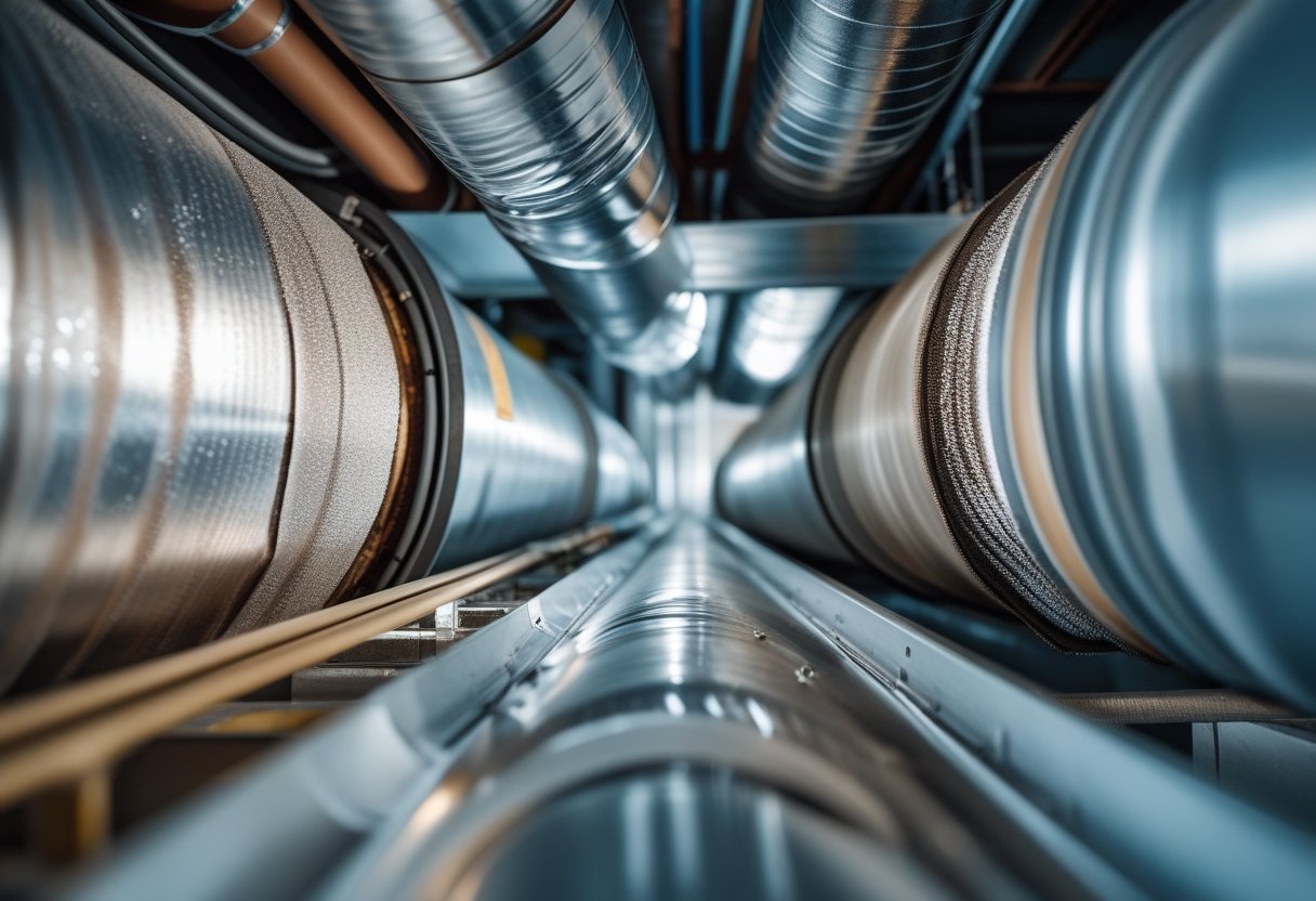 Close-up of metal HVAC ductwork showing areas affected by seasonal weather changes inside a building.
