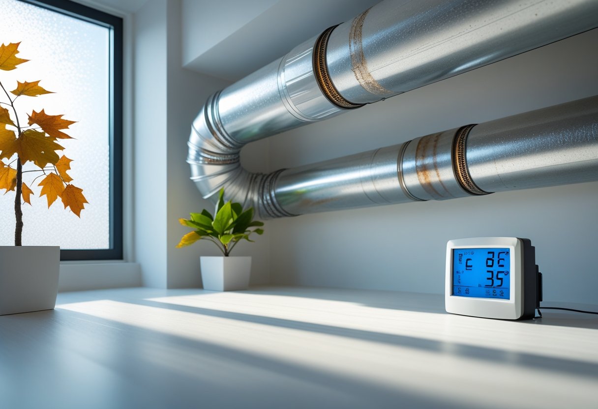 Indoor ceiling with HVAC ductwork showing signs of wear, a thermostat, and seasonal elements like autumn leaves and frost on a window.