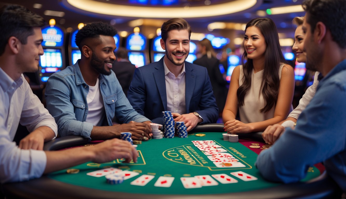 Meja blackjack dengan pemain dan dealer yang sedang bermain dan belajar permainan blackjack.