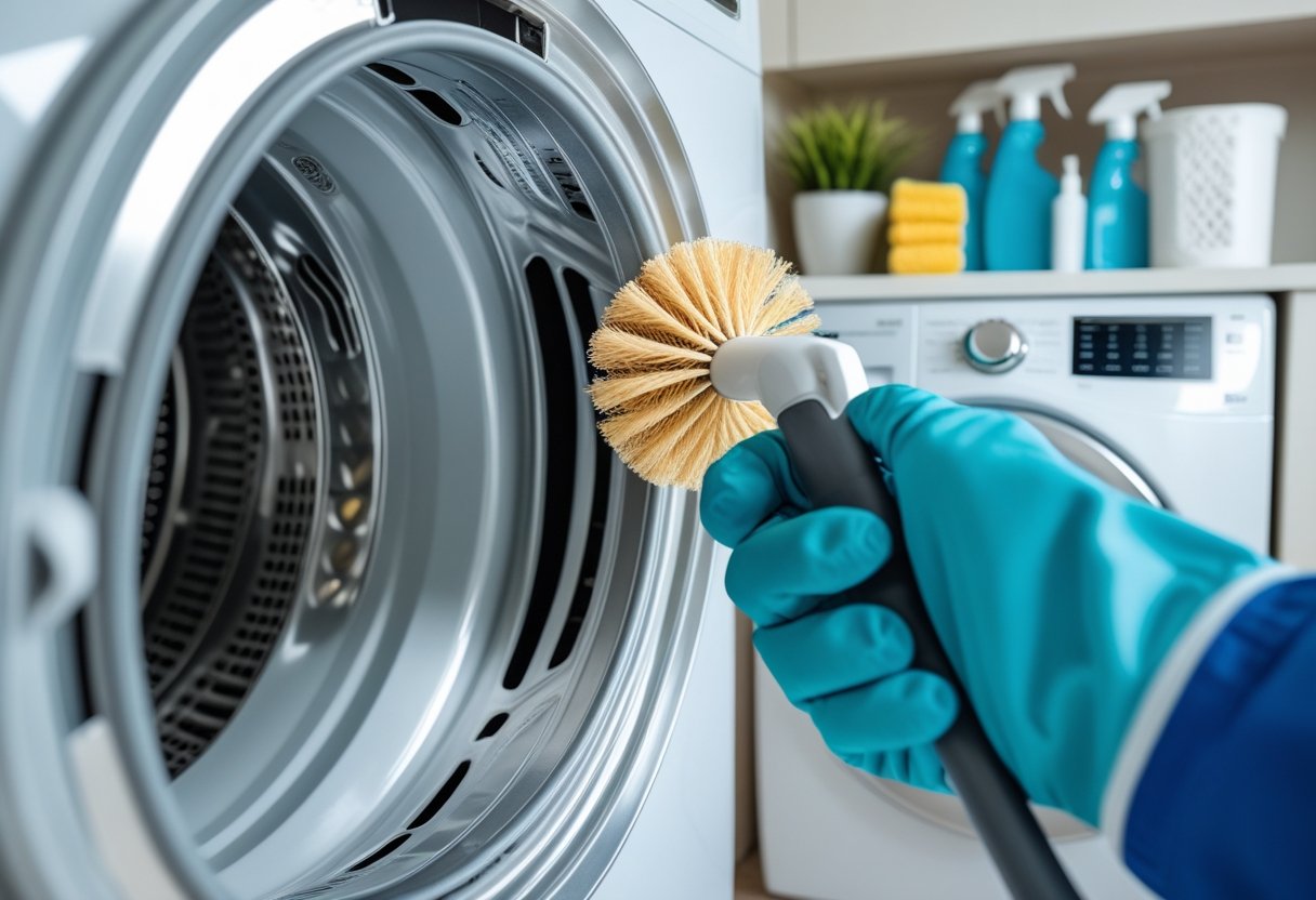 A technician cleaning a dryer vent with a brush inside a laundry room.