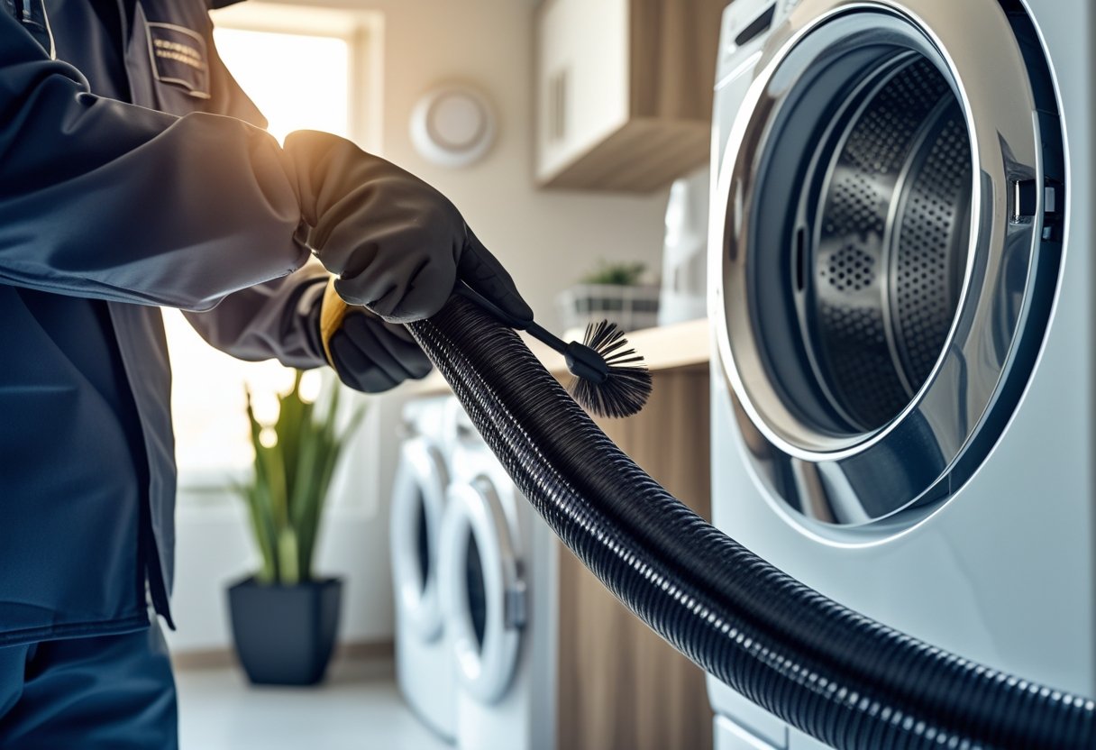 A technician cleaning a dryer vent hose in a modern laundry room with a smoke detector visible on the ceiling.
