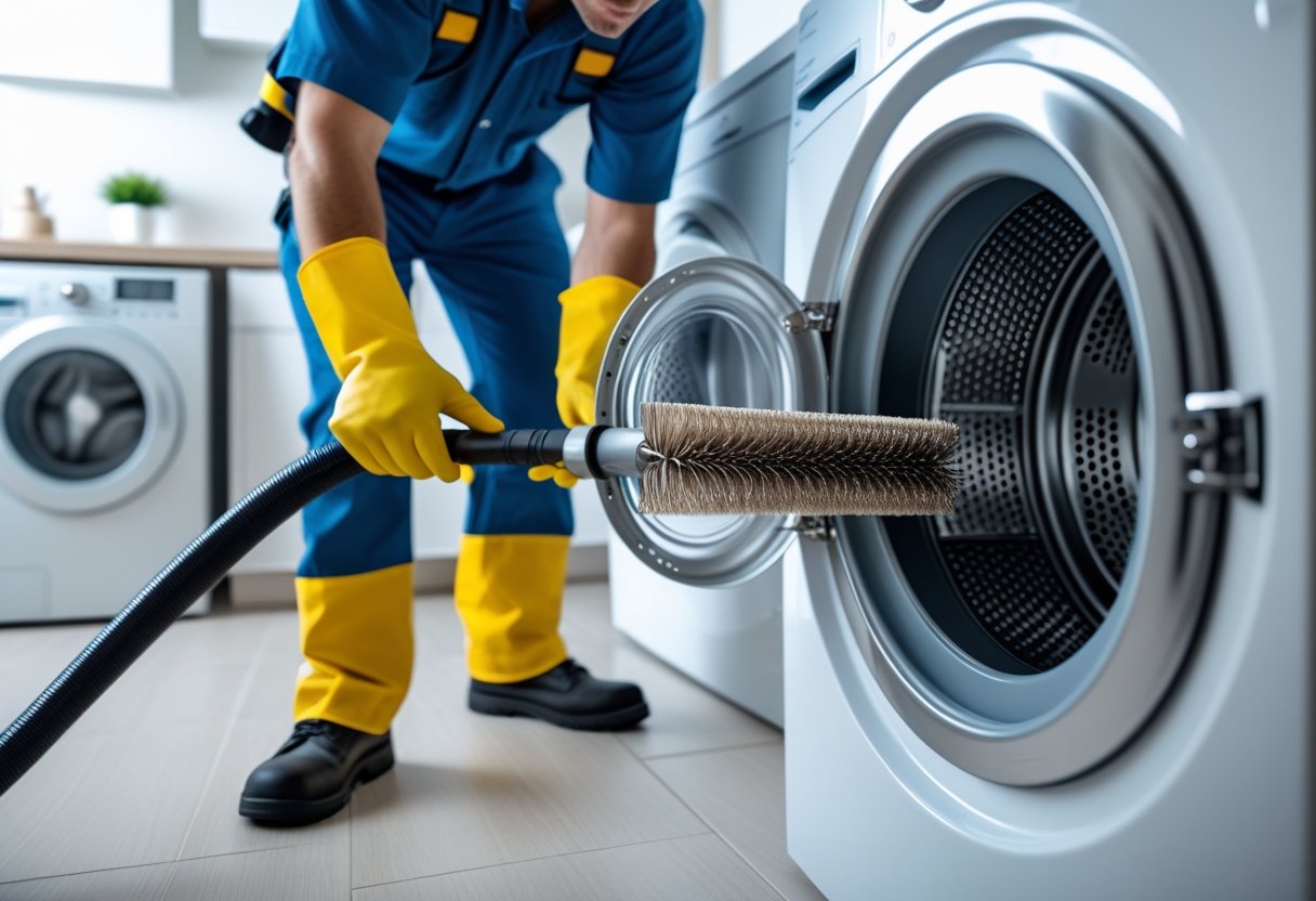 Technician cleaning a dryer vent hose in a clean, modern laundry room with a dryer and washer in the background.