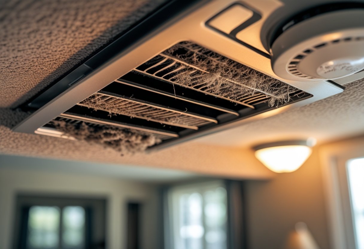 Close-up of a dusty, clogged air vent inside a home with a smoke detector visible on the ceiling in the background.