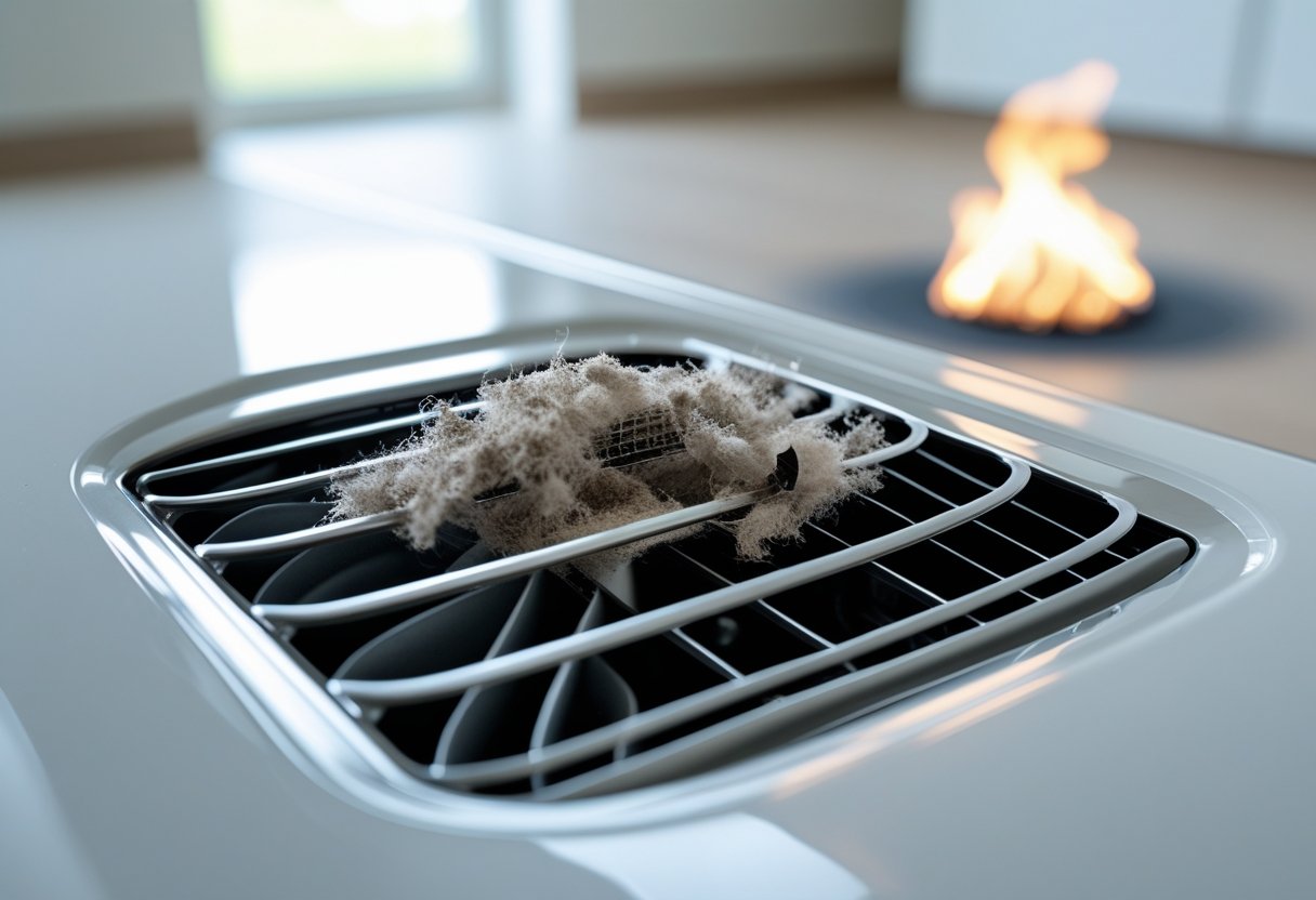 Close-up of a dusty, clogged home air vent with smoke rising nearby, indicating fire risk.