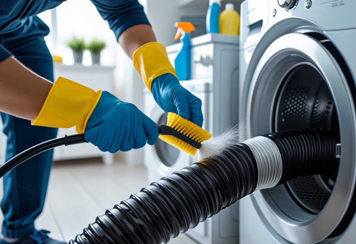 A person wearing gloves cleaning a dryer vent hose in a modern laundry room.