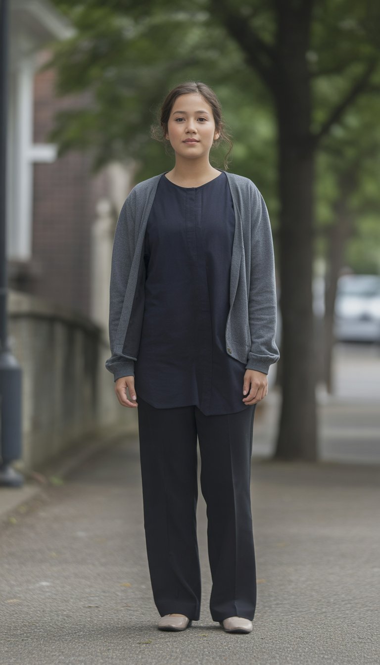A young woman standing outdoors in a quiet park, wearing a modest outfit and looking calmly at the camera.