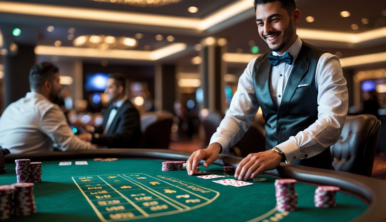 Seorang dealer profesional sedang membagikan kartu pada meja blackjack dengan pemain di kasino.