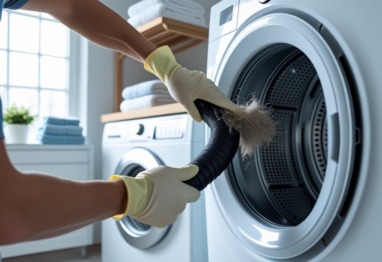 Person cleaning lint from a dryer vent hose in a bright laundry room.