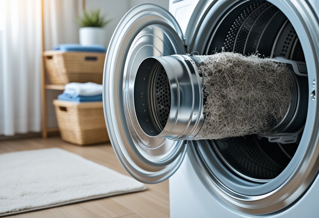 Close-up of a clogged dryer vent pipe connected to a dryer in a laundry room, showing lint buildup inside.
