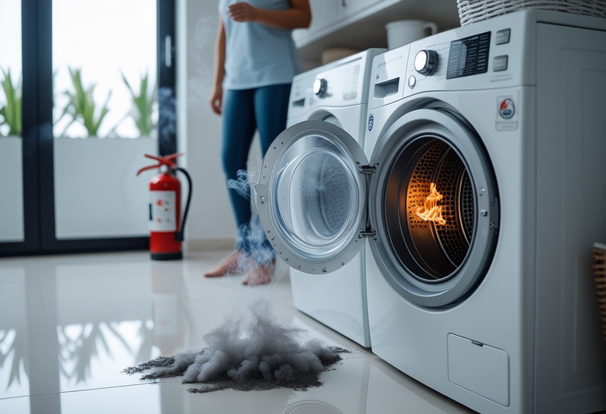 A person inspecting a dryer vent with visible lint buildup and smoke, showing fire risk in a clean laundry room.