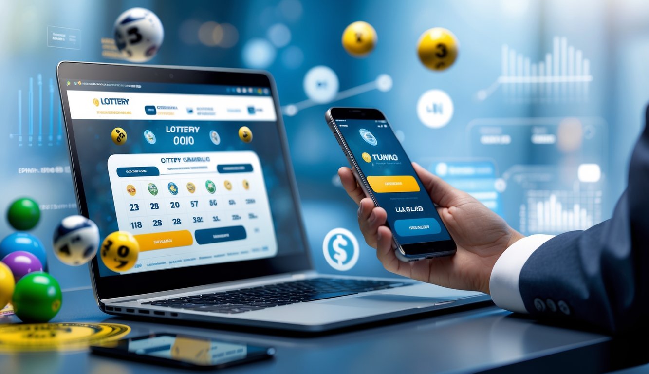 Seorang profesional menggunakan laptop dan ponsel di meja kerja yang rapi dengan elemen lotere dan ikon pembayaran di latar belakang.