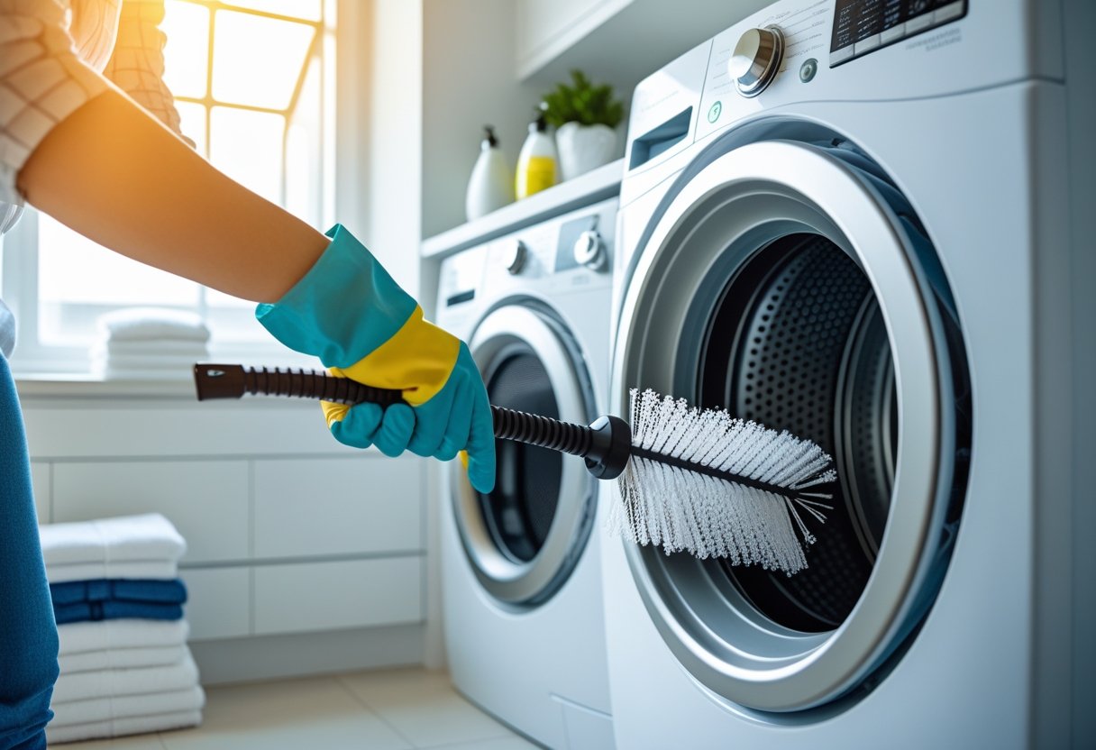 Person cleaning a dryer vent hose in a bright laundry room with gloves on, focusing on removing lint to prevent fire risks.
