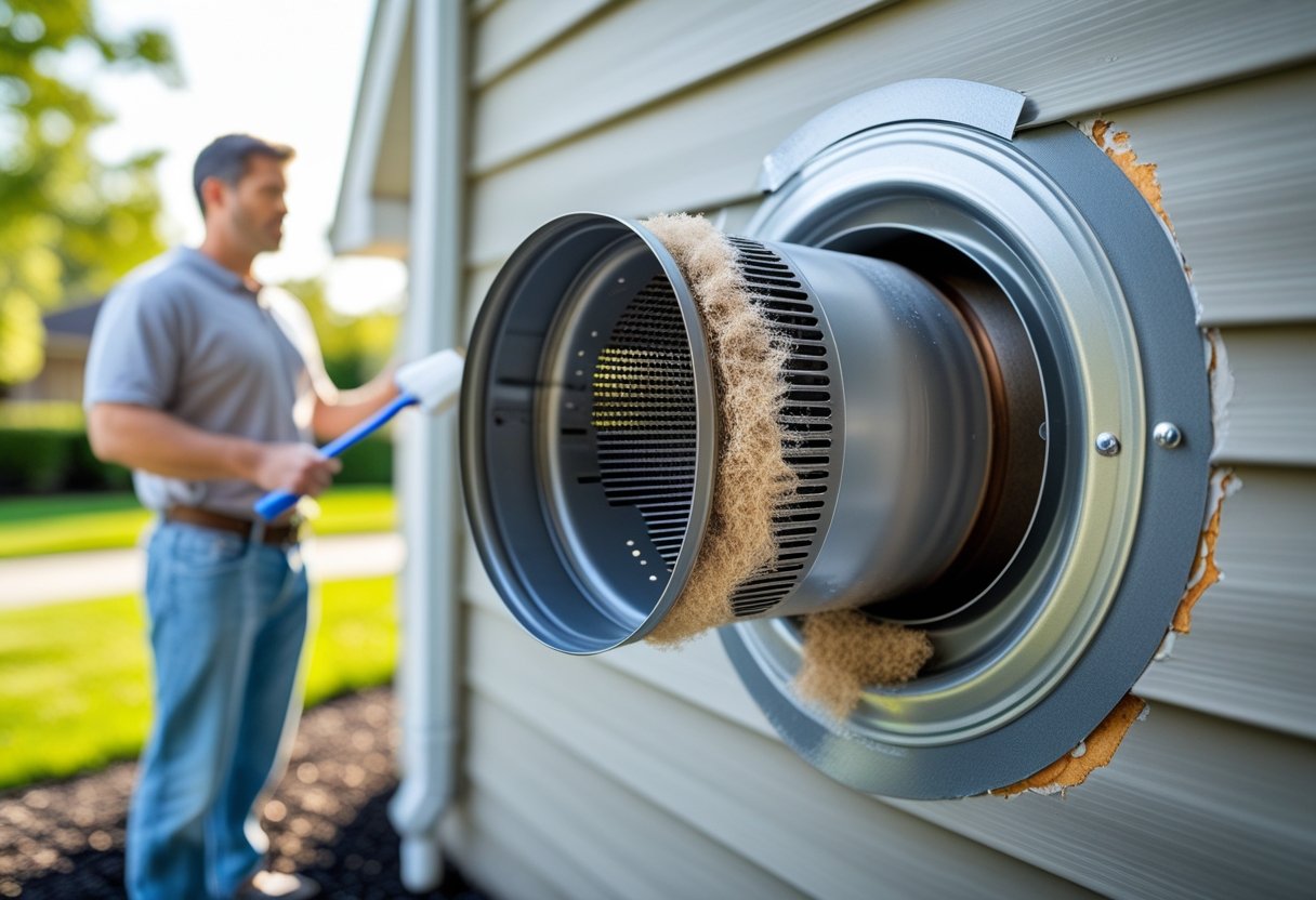 A homeowner inspects a residential dryer vent with visible lint buildup and slight heat damage on the exterior wall of a house.
