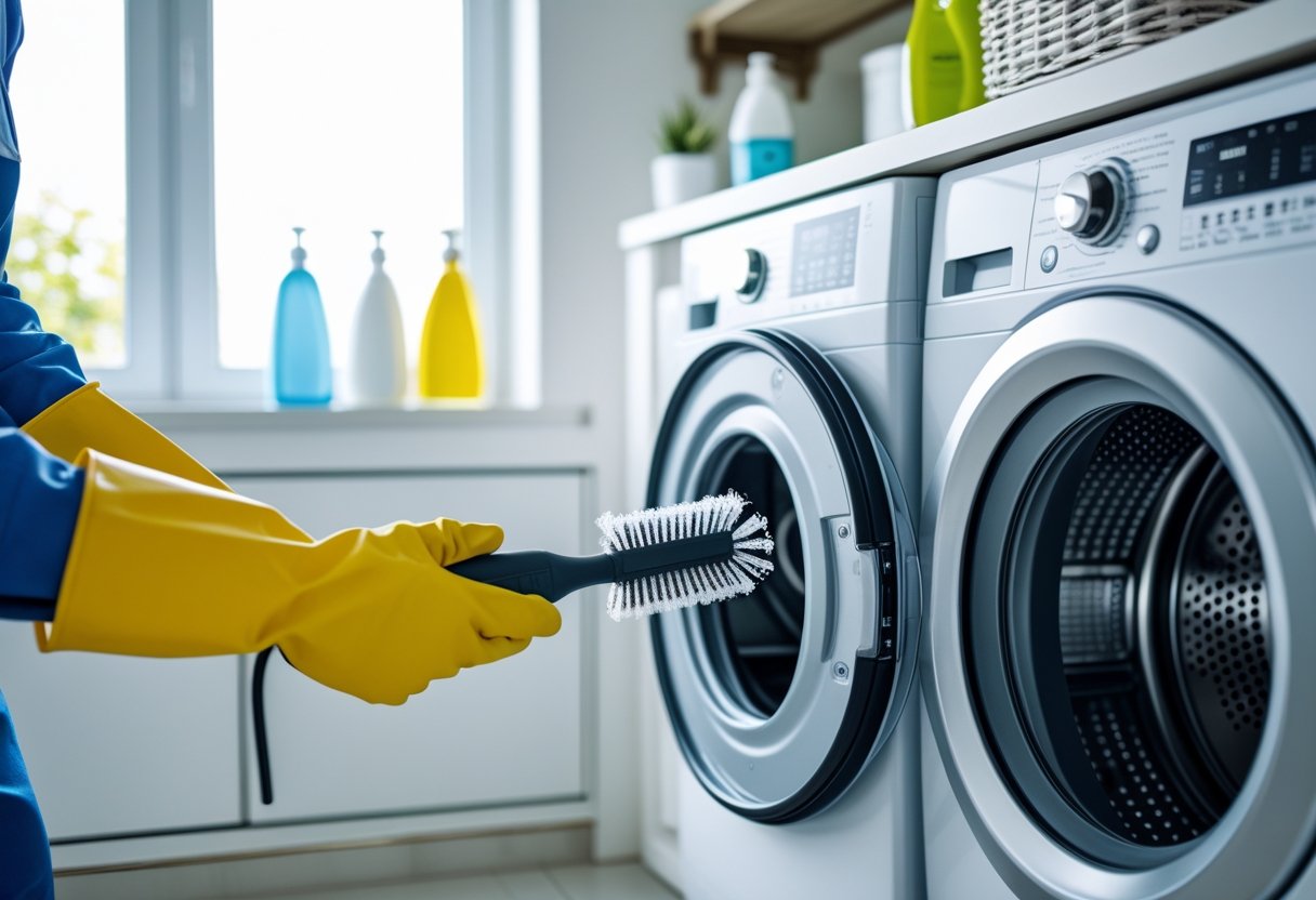 A person cleaning a dryer vent in a tidy laundry room with a washing machine and cleaning supplies.