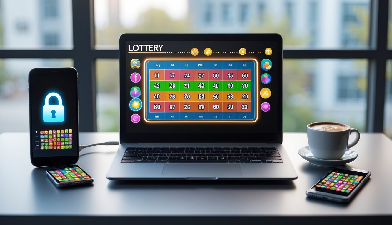 Sebuah laptop dan ponsel di meja kerja menampilkan antarmuka permainan togel online dengan suasana yang terang dan profesional.