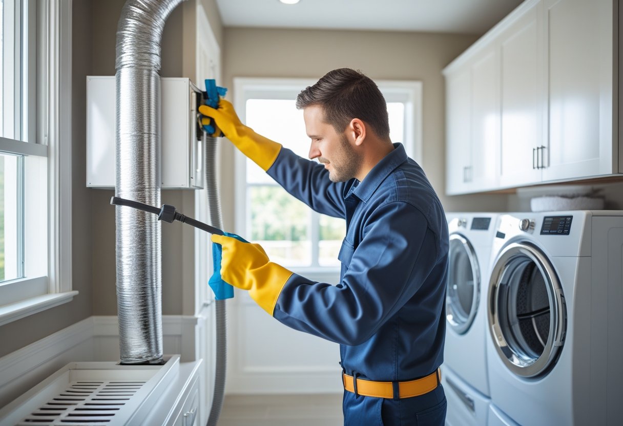 A technician cleaning a dryer vent in a bright laundry room using specialized tools to remove lint buildup.