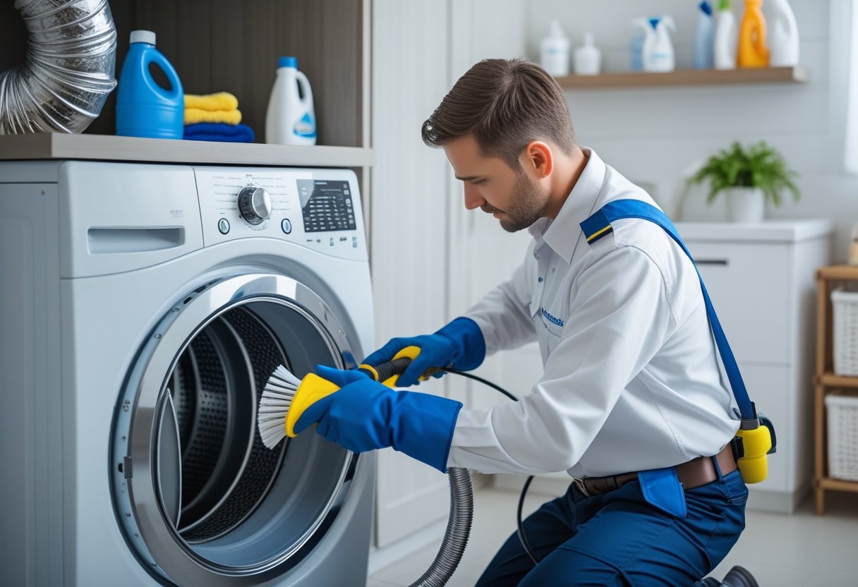 A technician in a clean uniform cleaning a dryer vent inside a modern laundry room with a front-loading dryer and cleaning tools.