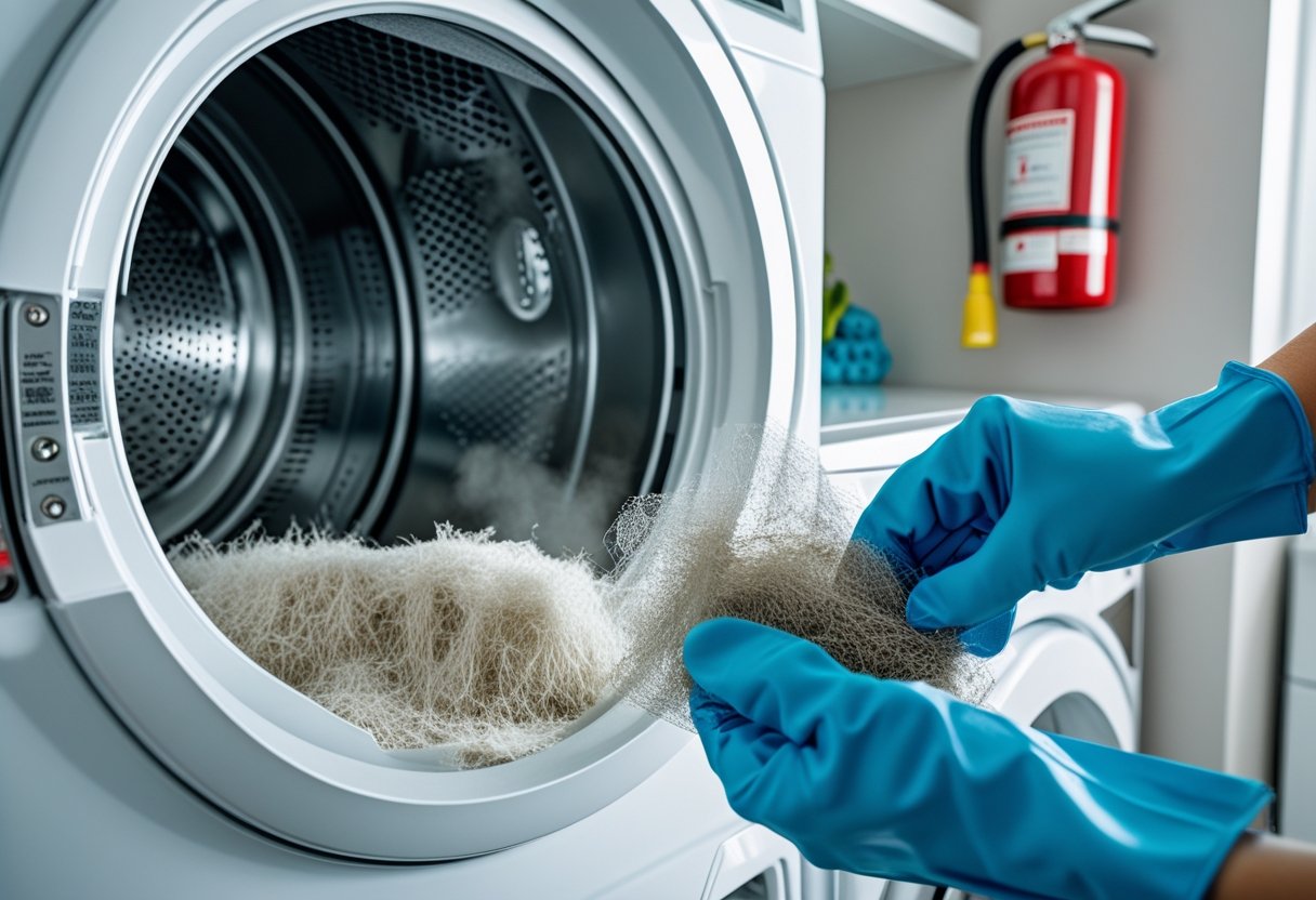 A person cleaning lint from a dryer lint trap in a laundry room with a fire extinguisher and smoke detector visible.