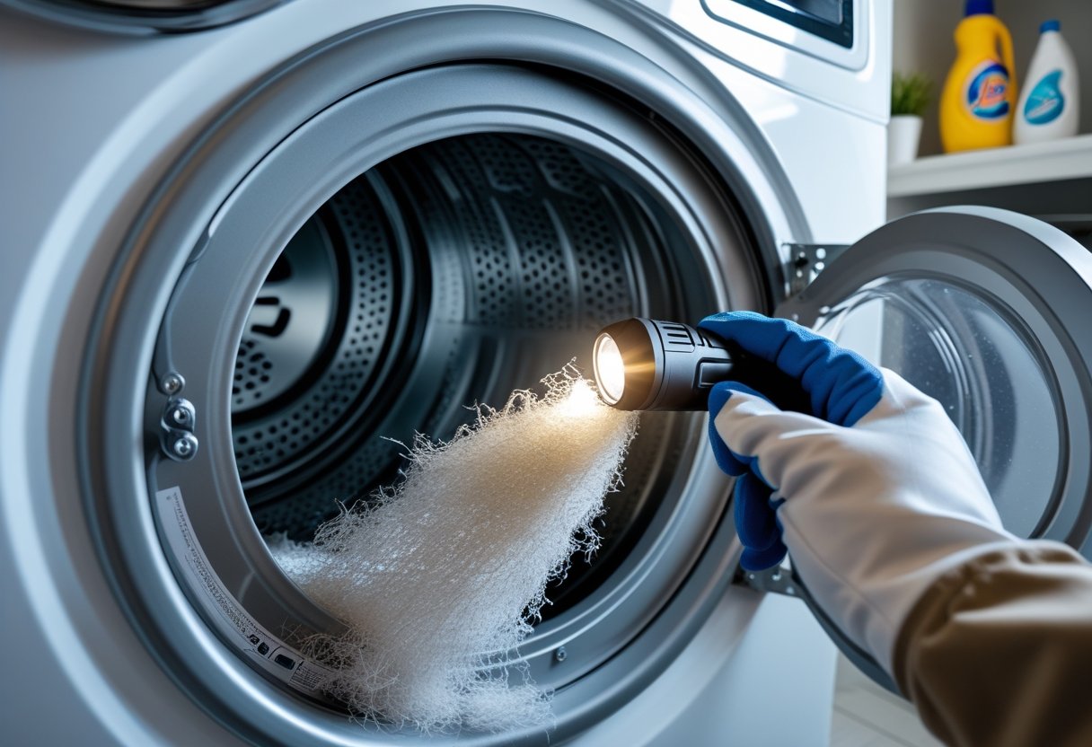 A close-up of a clogged dryer vent with lint buildup inside, a gloved hand inspecting it with a flashlight in a laundry room.