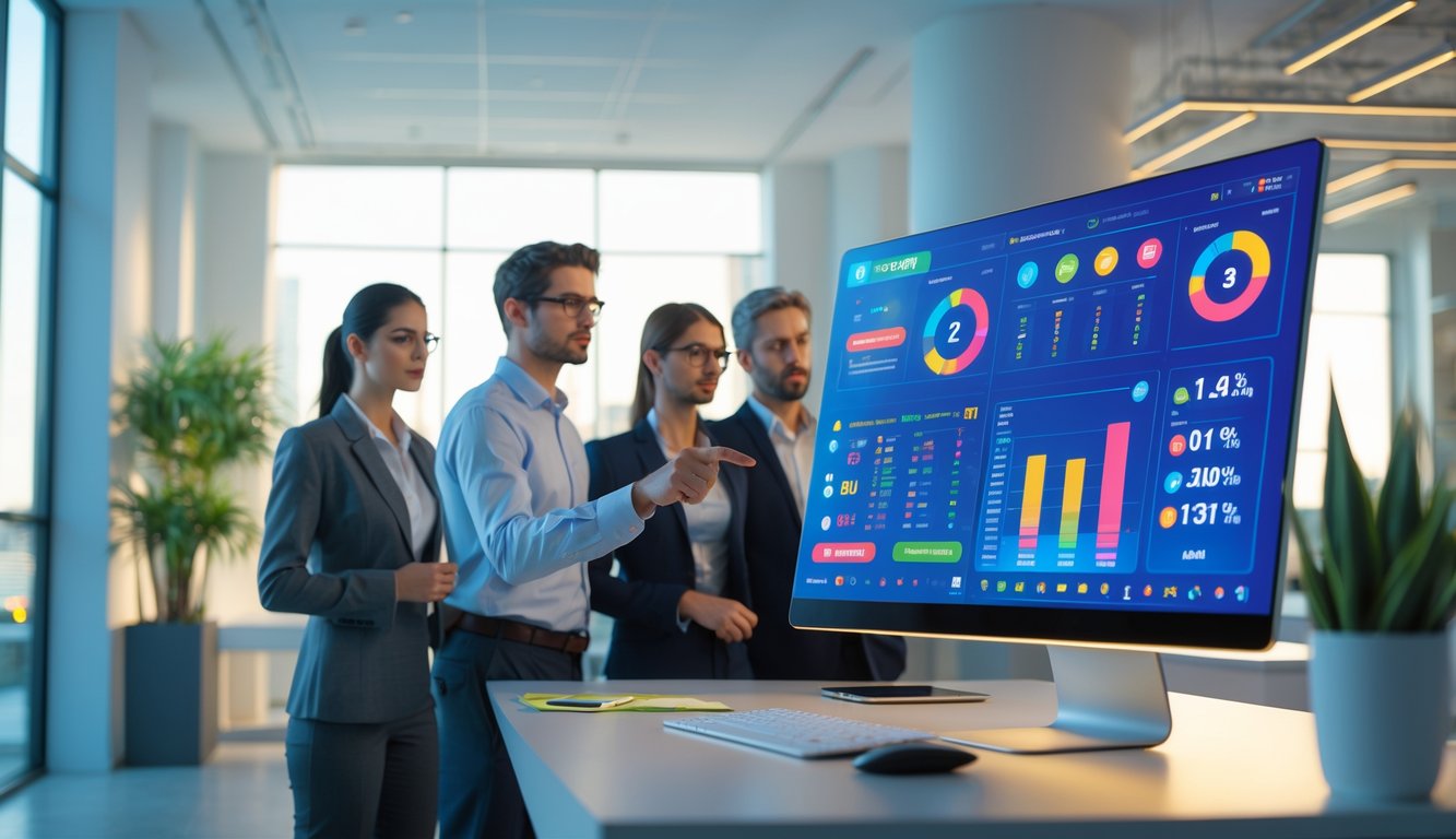 Orang-orang di kantor modern sedang menganalisis data lotere di layar komputer.