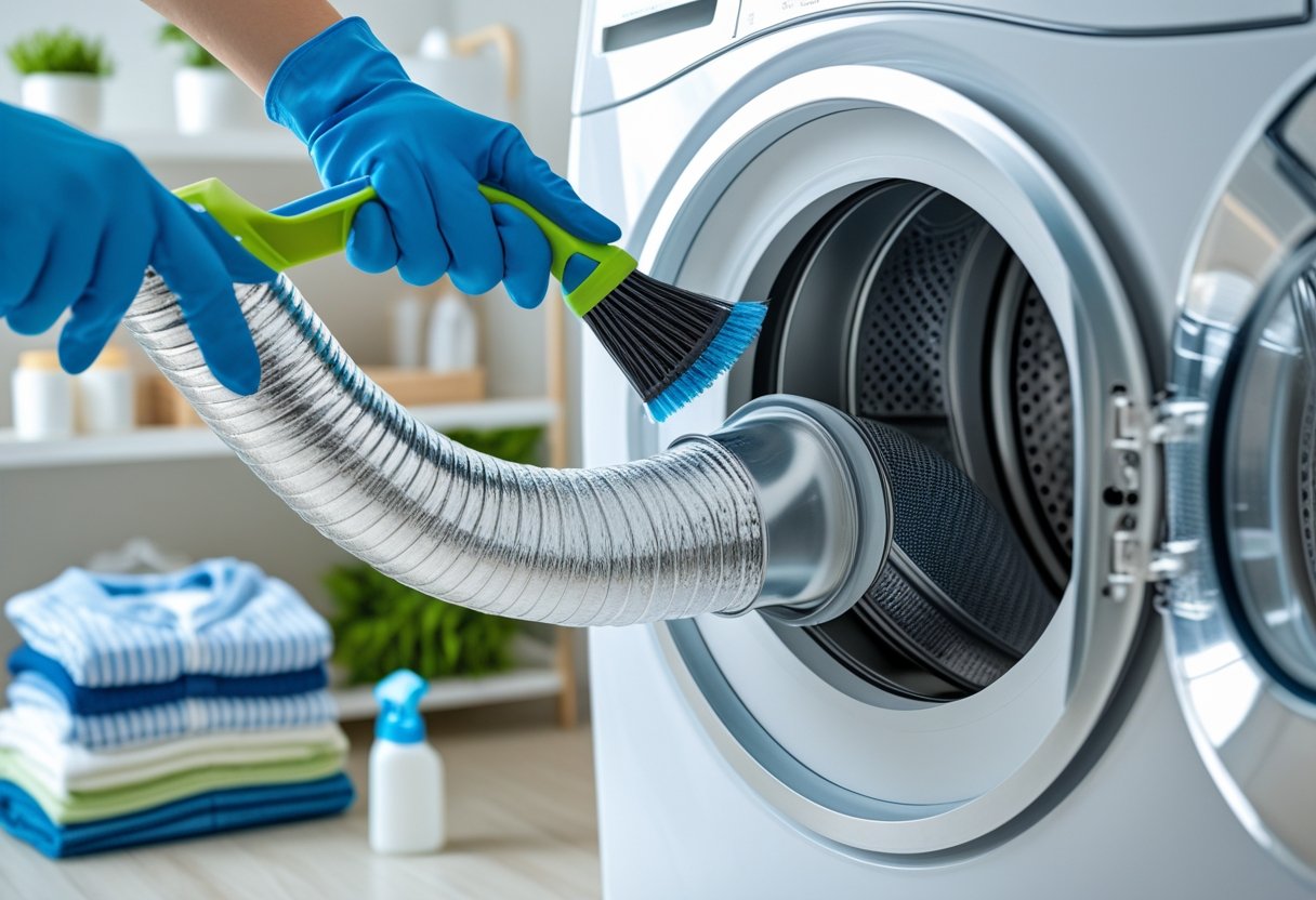 Close-up of a person cleaning a dryer vent hose connected to a dryer in a tidy laundry room.
