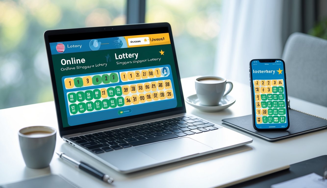 Seorang pengguna duduk di depan laptop dan ponsel yang menampilkan aplikasi togel Singapura online di meja kerja yang rapi.