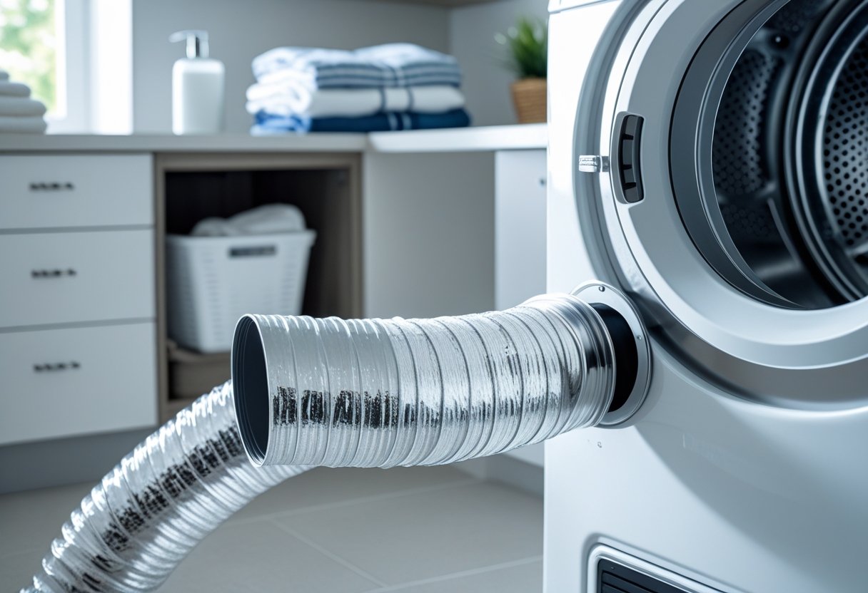 A clean dryer vent hose connected to a front-loading dryer in a bright laundry room with folded clothes on a counter.