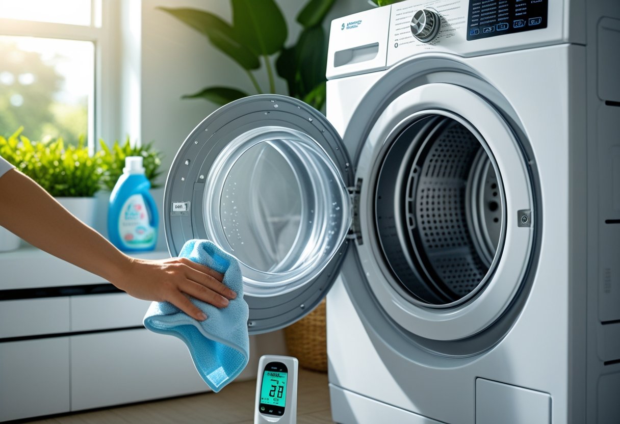 A clean dryer vent hose being wiped in a bright laundry room with a front-loading dryer and green plants nearby.