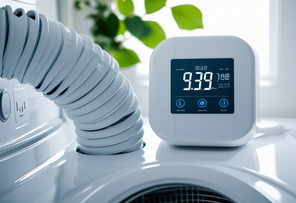 A clean laundry room with a properly connected dryer vent hose and an energy meter showing low consumption, with green plants in the background.