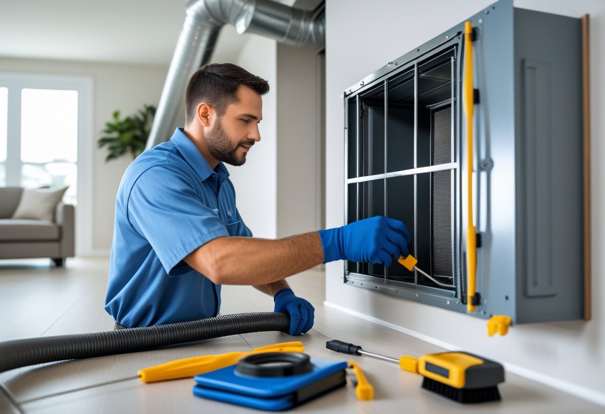 A technician inspecting and cleaning an air vent inside a modern home.