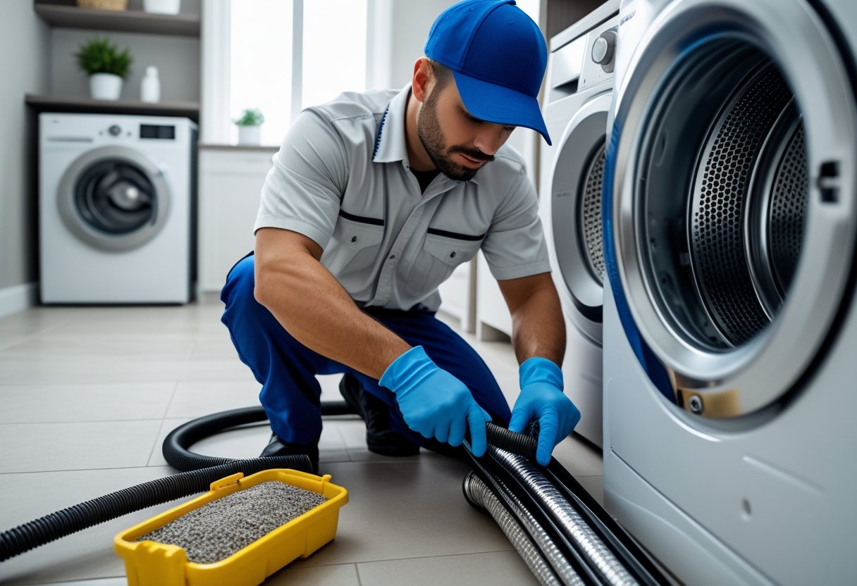 A technician inspecting and cleaning a dryer vent hose in a laundry room with a washing machine and dryer.
