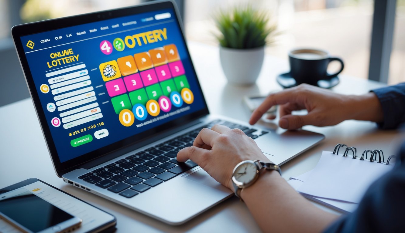 Sebuah ruang kerja modern dengan laptop yang menampilkan situs judi togel online, tangan seseorang sedang menggunakan laptop di meja dengan kopi dan ponsel.