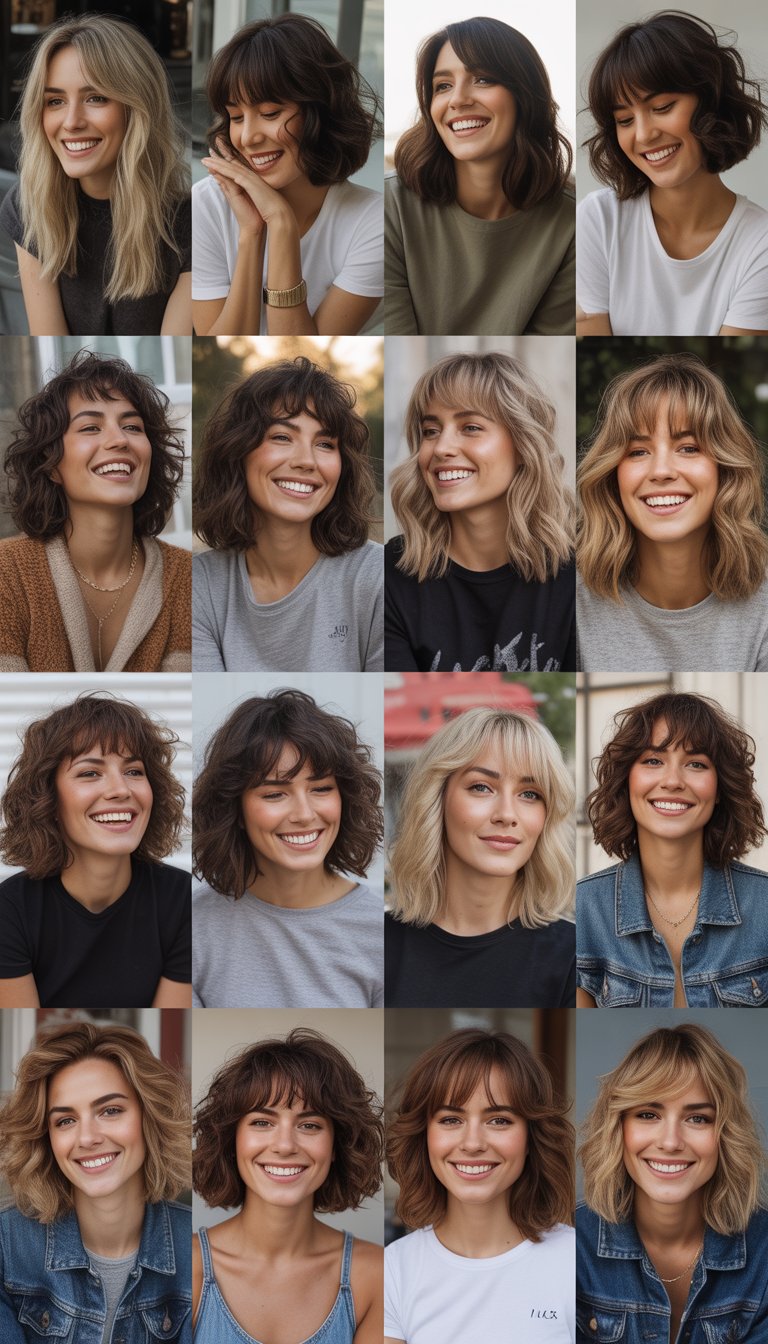 A group of women with wavy wolf cut hairstyles and bangs in a casual setting, smiling and interacting naturally.