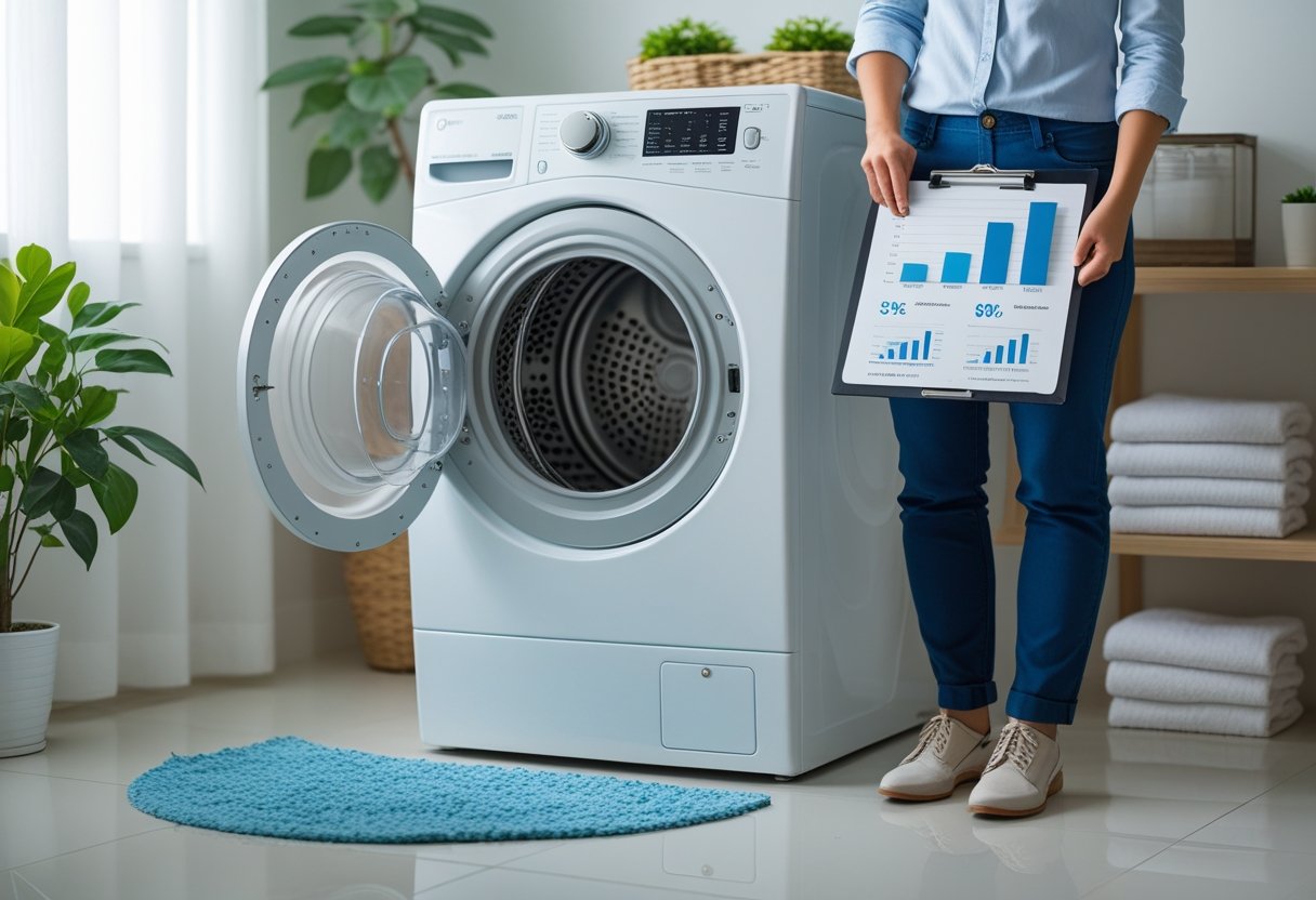 A person with a clipboard stands next to a clean white dryer in a bright laundry room with an open, clean dryer vent.