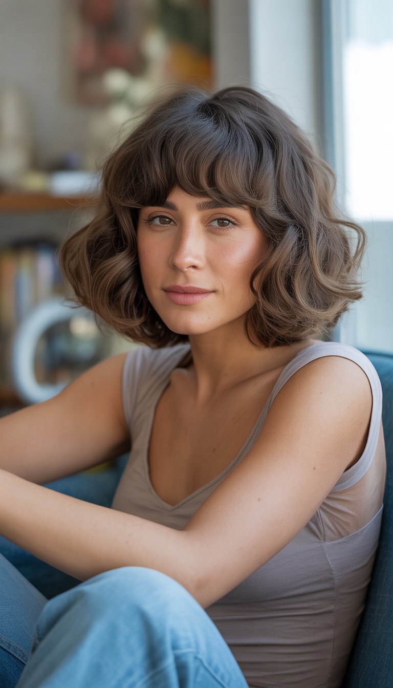 A woman with wavy hair and bangs standing in a casual indoor setting, wearing casual clothes and looking relaxed.