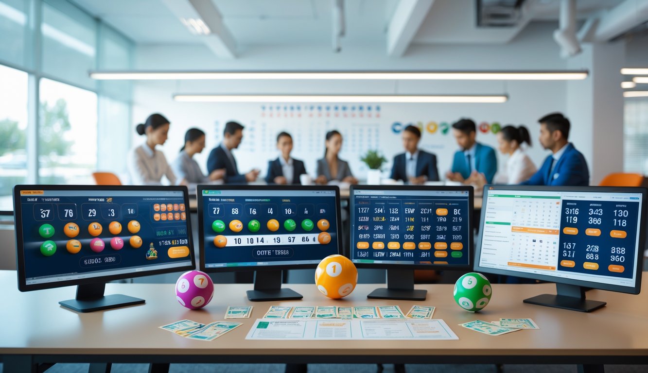 Suasana kantor modern dengan beberapa orang yang sedang menganalisis data dan layar digital menampilkan angka dan statistik togel.