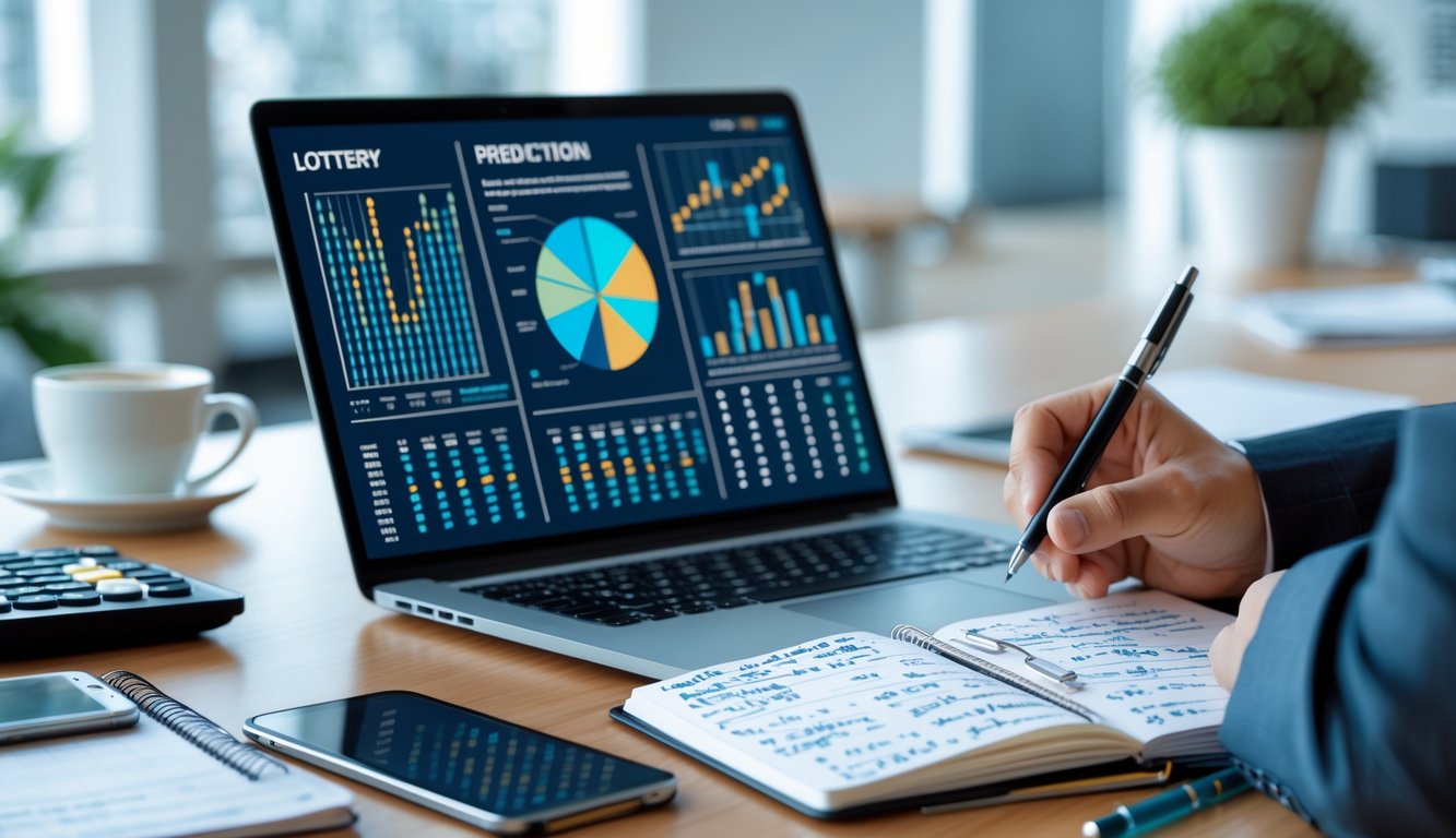 Seseorang sedang menganalisis data angka di depan laptop dengan catatan dan alat tulis di meja kerja.