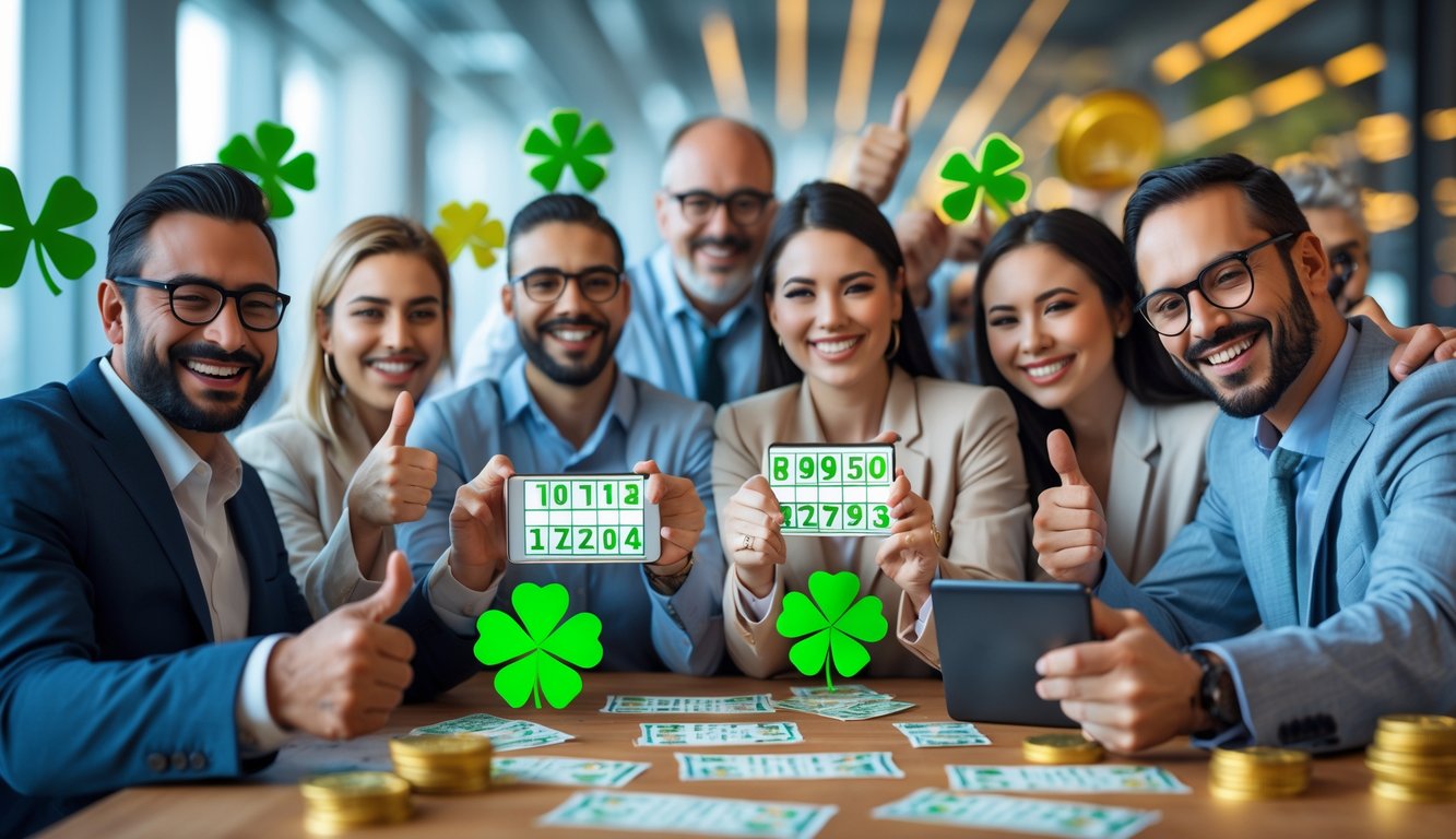 Orang-orang bahagia di kantor modern sedang bermain lotere dan merayakan kemenangan bonus besar.