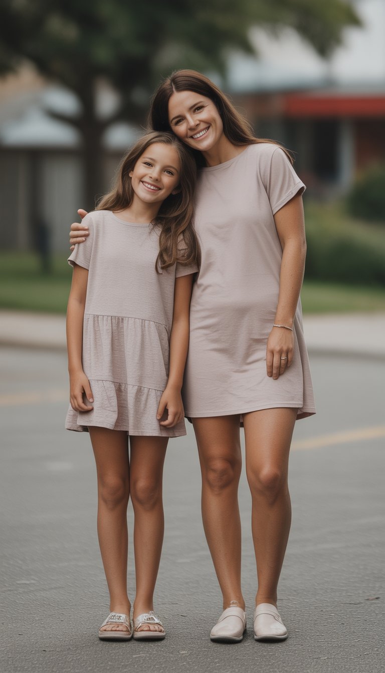 A mother and daughter standing together outdoors, smiling and posing for a full-body photo in a casual everyday setting.