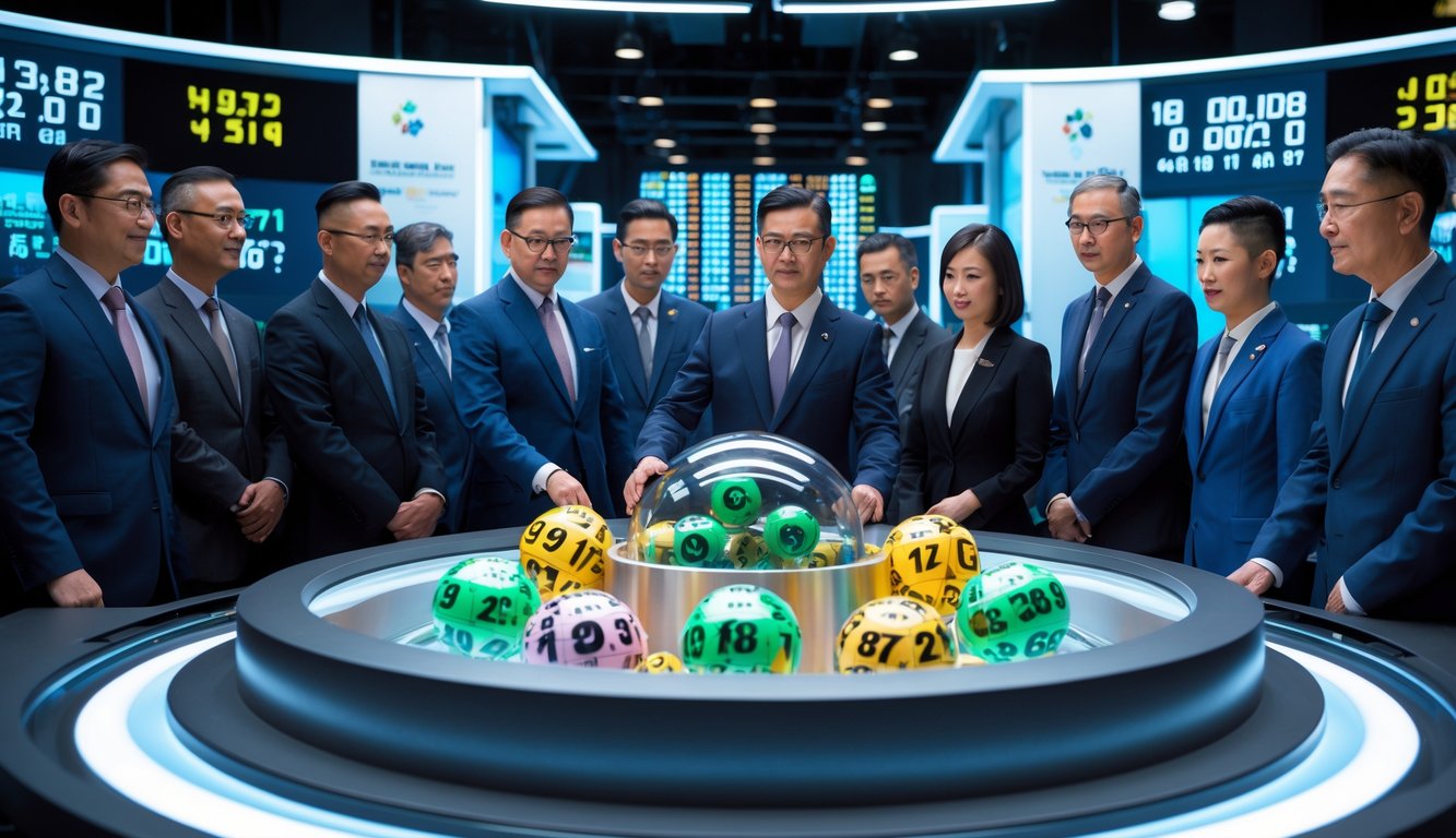 Sebuah acara pengundian togel resmi dengan mesin undian transparan dan beberapa orang yang sedang mengawasi proses pengundian di ruang studio yang terang dan rapi.